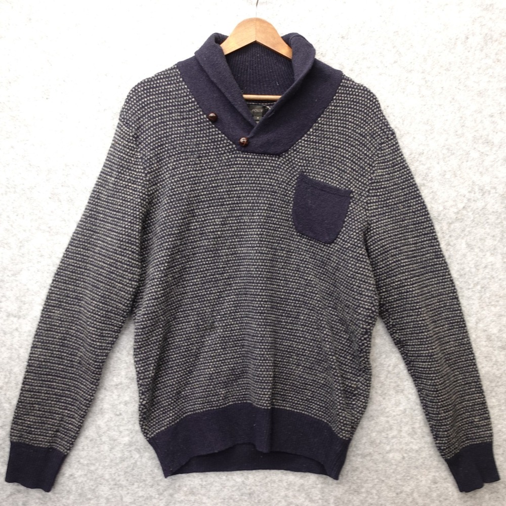 J Crew Lambswool Shawl Collar Sweater Mens S‎ Navy Cream Birdseye Knit Pullover